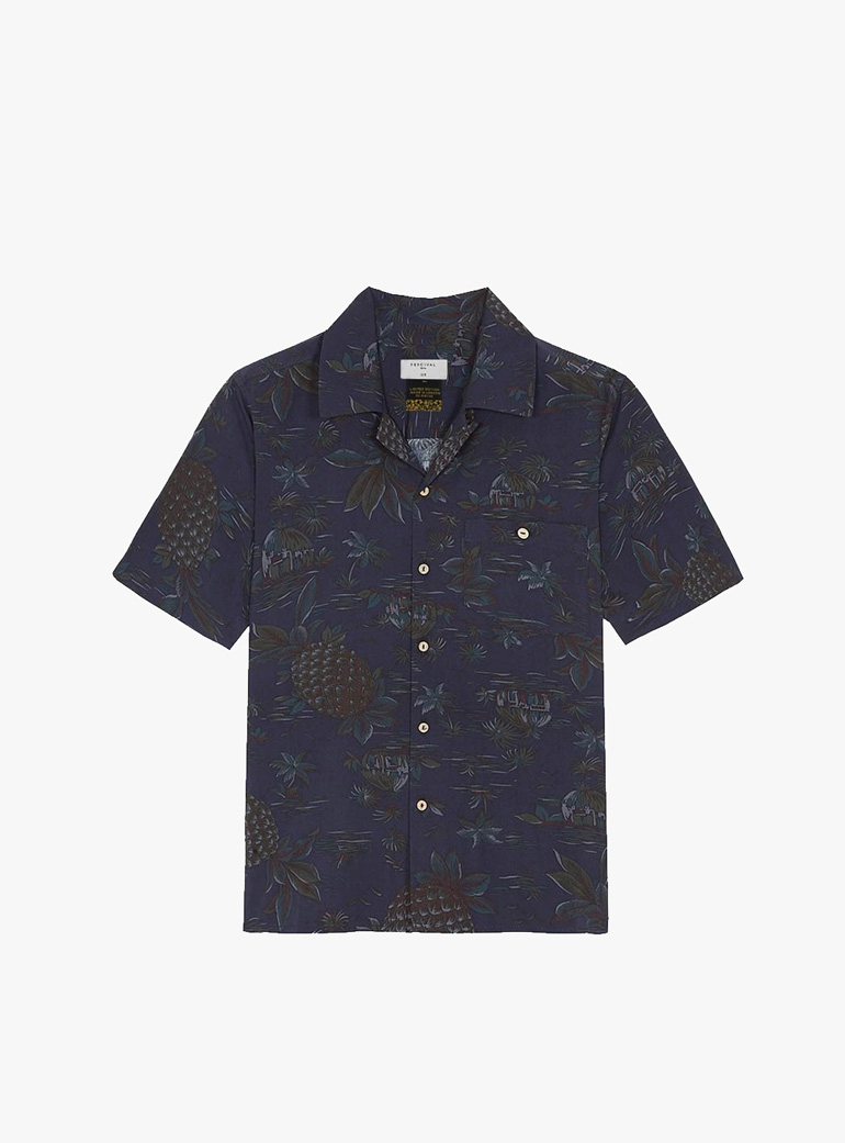 Percival Cuban Collar Black Palm Short Sleeve Shirt