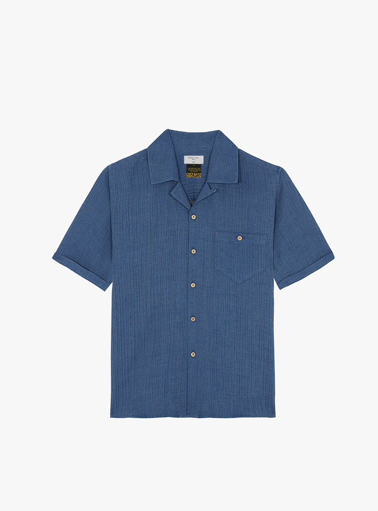 Percival Cuban Collar Indigo Linen Short Sleeve Shirt